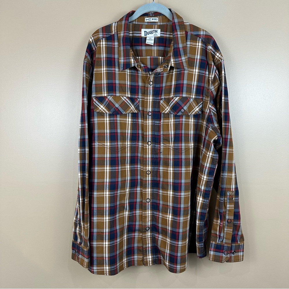 Duluth Trading Co Mens Untucked Brown Plaid Snap Front Standard Fit Shirt 2XL